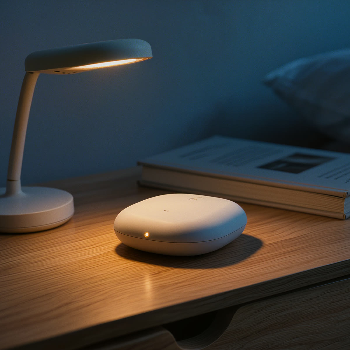 A small warm-white puck-shaped pod on a wooden nightstand beside a low reading lamp.