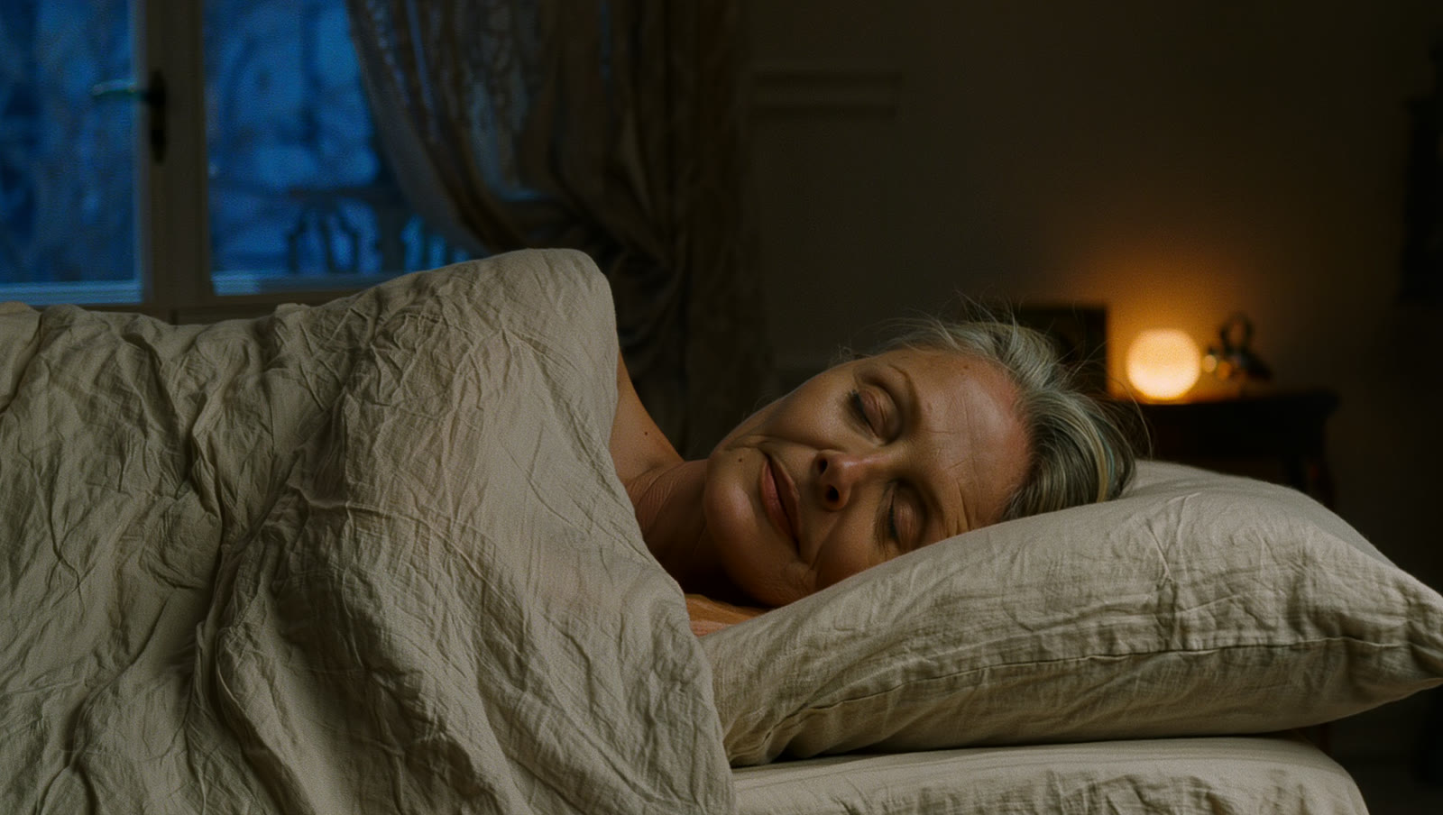 A woman sleeps peacefully under a linen duvet in a dark blue bedroom, a soft amber night light on the far wall.